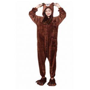 Adult Brown Bear Kigurumi Women Men Cartoon Cosplay Costume Winter Warm Onesie Pajama With Slippers Couple - Adults Onesie
